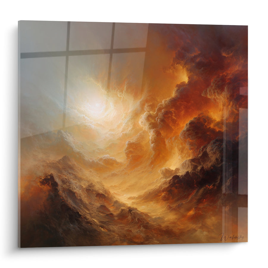 Tableau paysage mystique aux nuages orange et lumière dorée - Tempête Céleste - Edition Feng shui Sud Feu