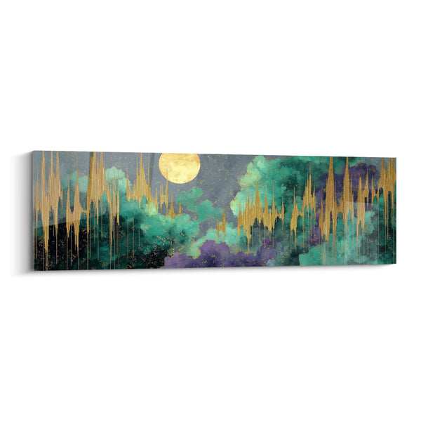 Cuadro Paisaje Nocturno con Nubes Turquesa y Luna Dorada - Armonía Celeste - Edición Feng Shui Sureste Madera