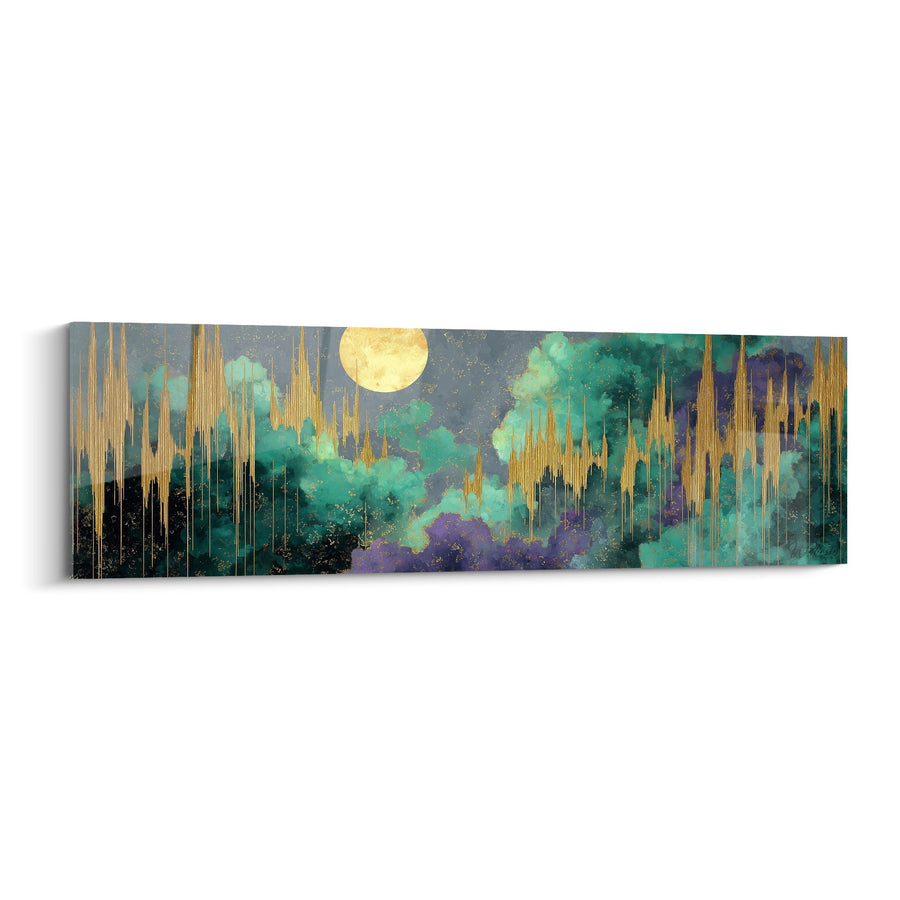 Tableau Paysage Nocturne aux Nuages Turquoise et Lune Dorée - Harmonie Céleste - Edition Feng shui Sud-Est Bois
