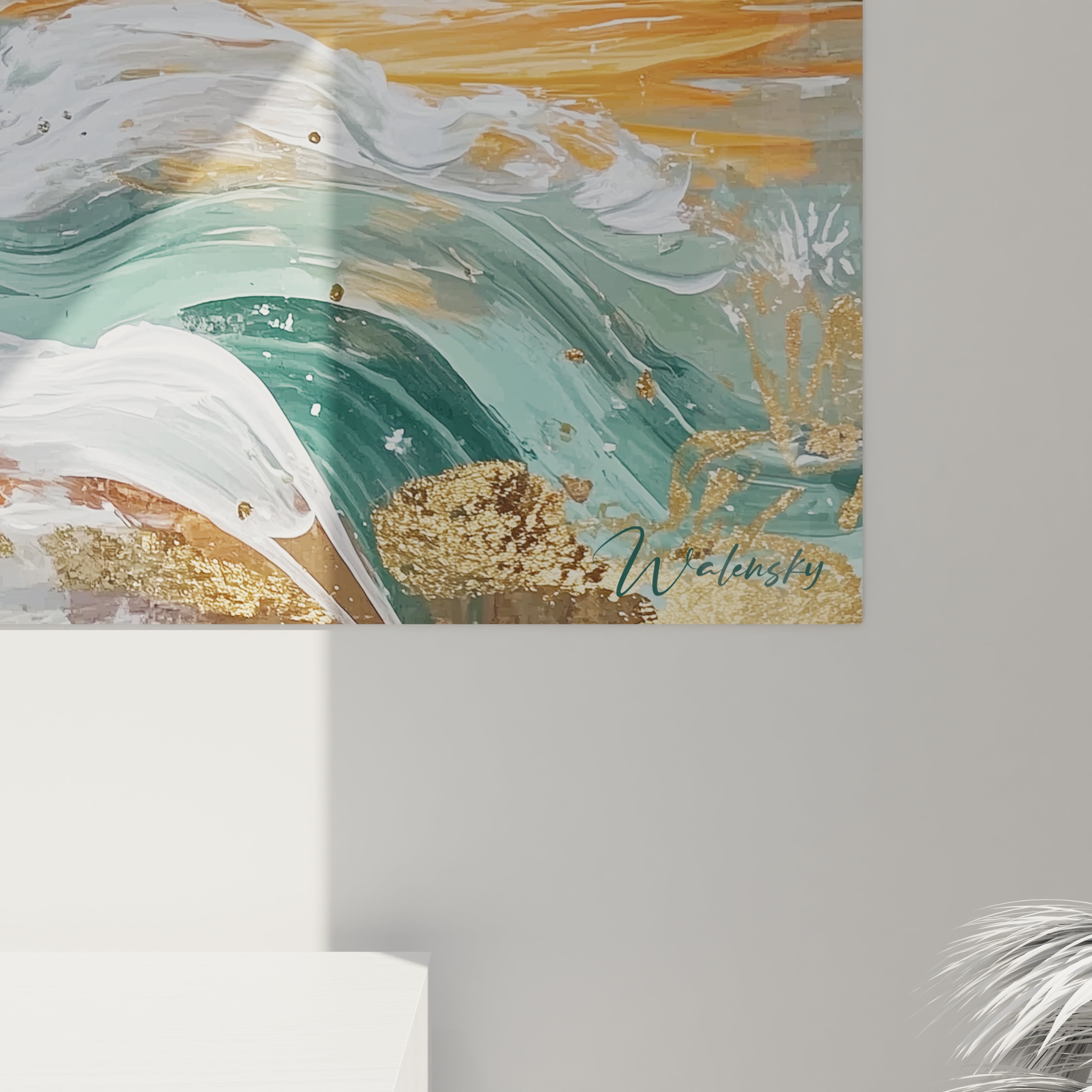 Tableau paysage Noël Walensky avec des couleurs vives et des motifs artistiques évoquant la saison festive