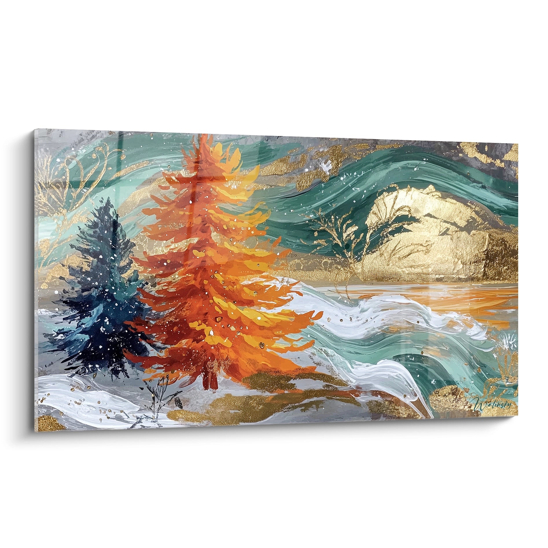 Tableau paysage Noel avec des arbres colorés et un fond winter dans des tons d'or et de bleu