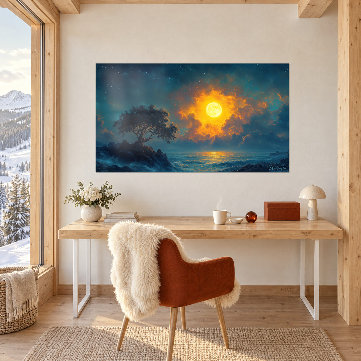 Tableau ciel étoilé indigo et nuées orange incandescentes sur un océan agité, accroché au-dessus d'un bureau en bois clair