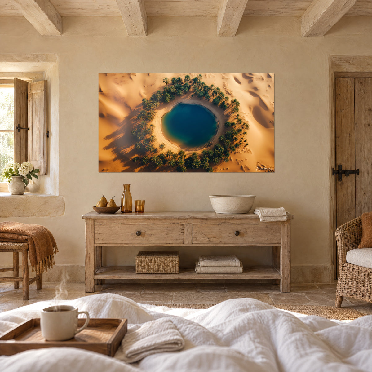 Wall art cobalt pond surrounded by emerald palms and honey-coloured dunes, hung above a bed in a light bedroom