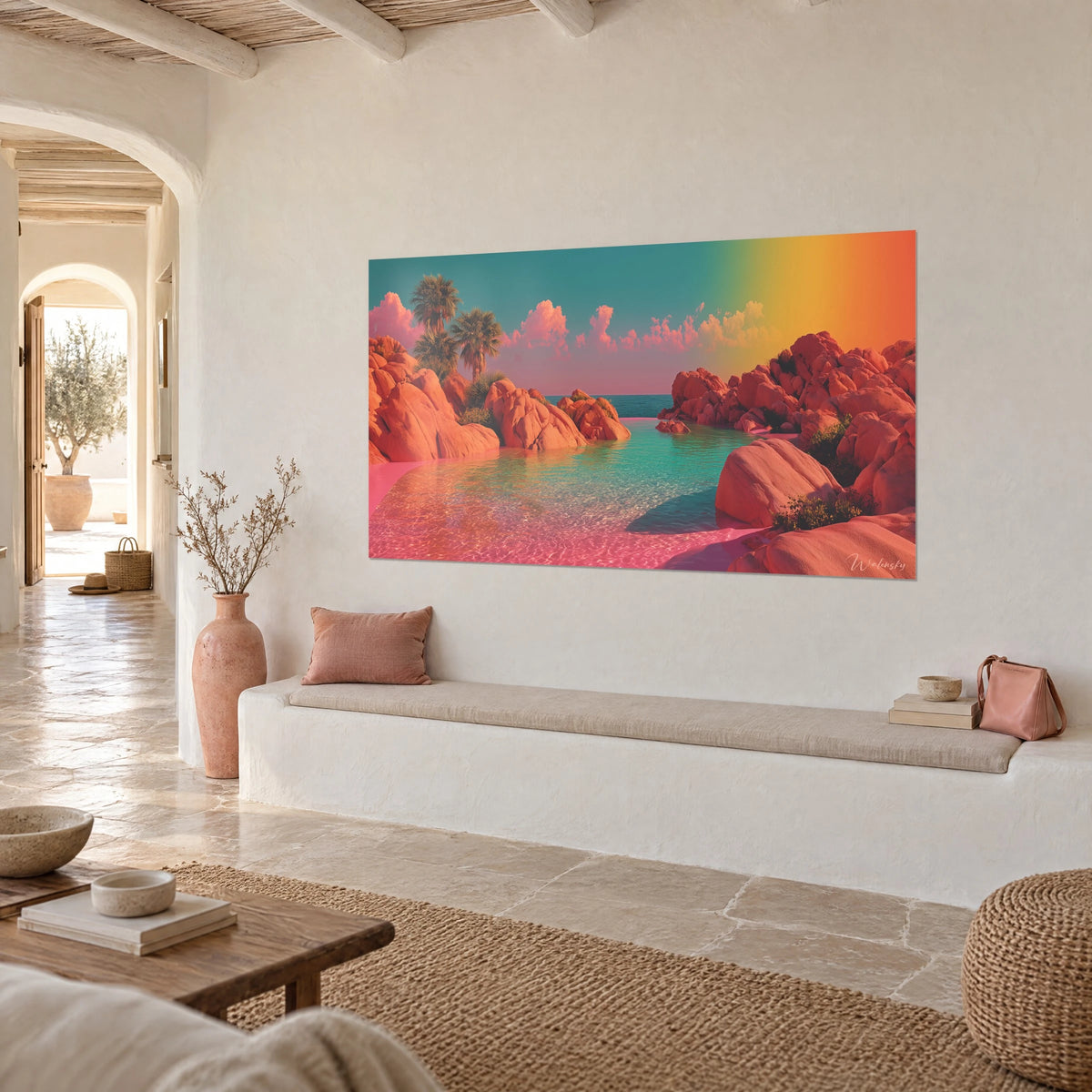 Πίνακας κρυφή λιμνοθάλασσα πλαισιωμένη από ροζ-πορτοκαλί γρανίτη, τυρκουάζ νερό, πράσινοι φοίνικες, θέα τριών τετάρτων σε λευκό ασβεστωμένο τοίχο