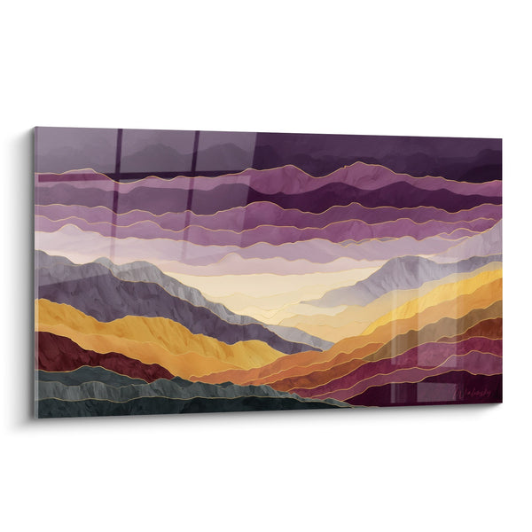 Schilderij Berglandschap met Violette en Gouden Golven - Harmonie van Reliëfs - Feng Shui Zuidoost Hout Editie