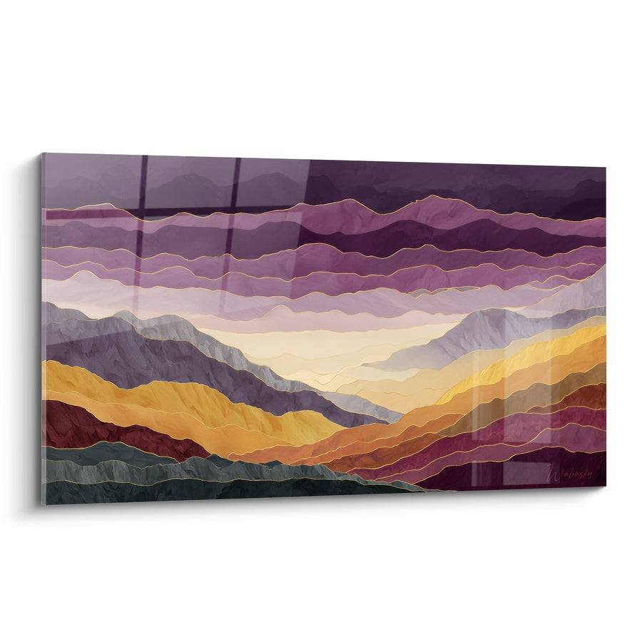 Tableau Paysage Montagneux aux Ondulations Violettes et Dorées - Harmonie des Reliefs - Edition Feng shui Sud-Est Bois