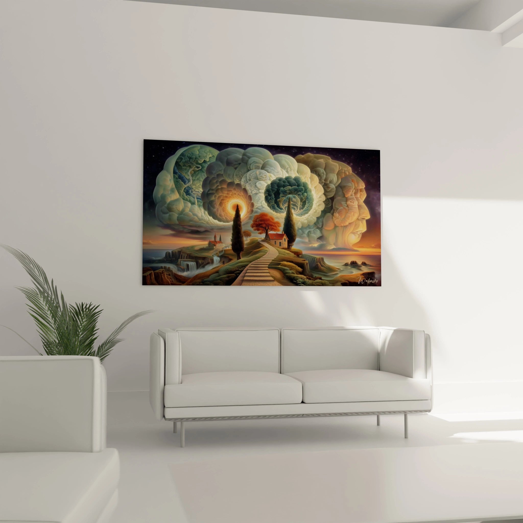 Walensky tableau mural surréaliste montrant un chemin bordé de cyprès menant à une maison sous nuages en volutes
