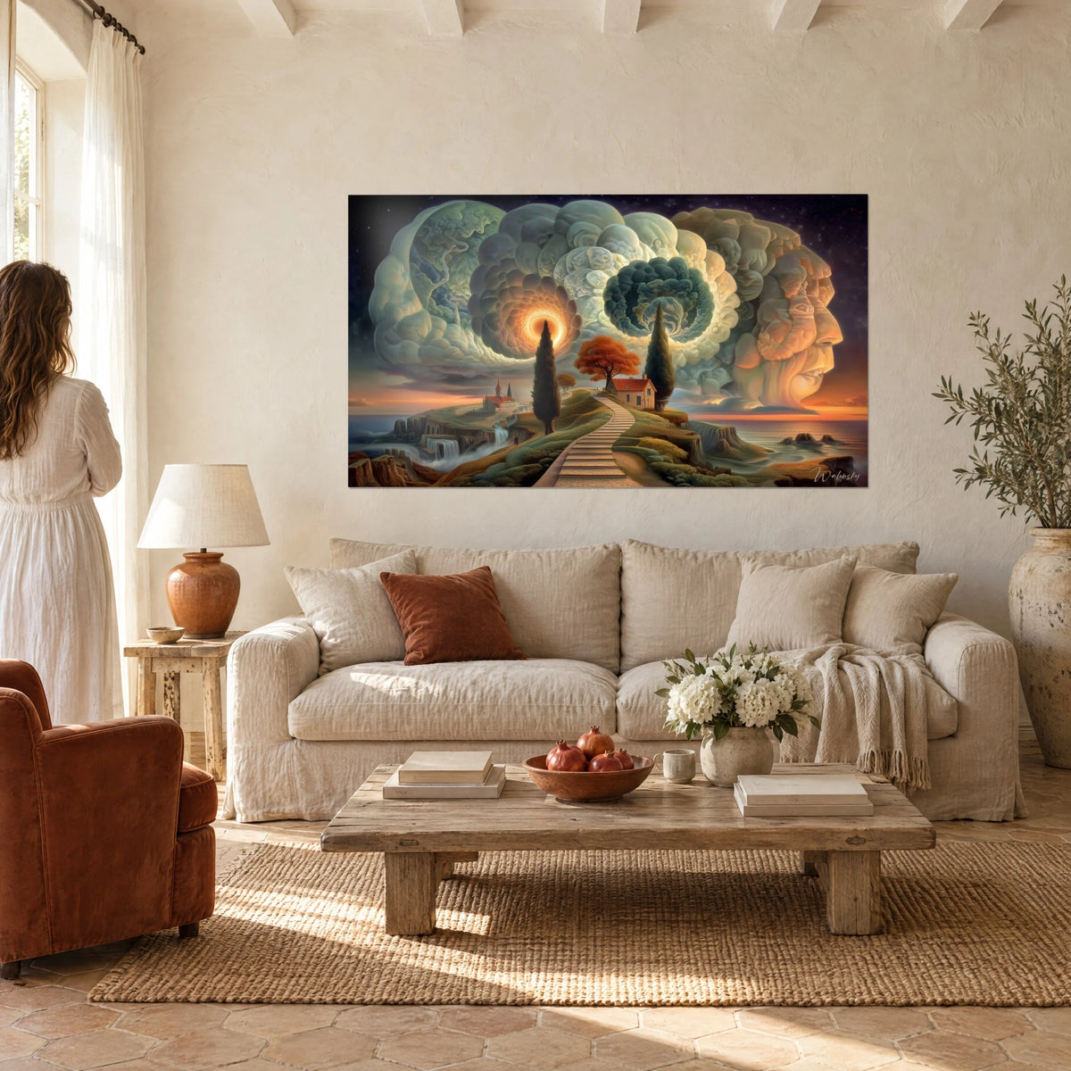 Cuadro cielo con nubes en espiral crema y verdes, cipreses oscuros y tejado rojo, encima de un sofá en un salón luminoso