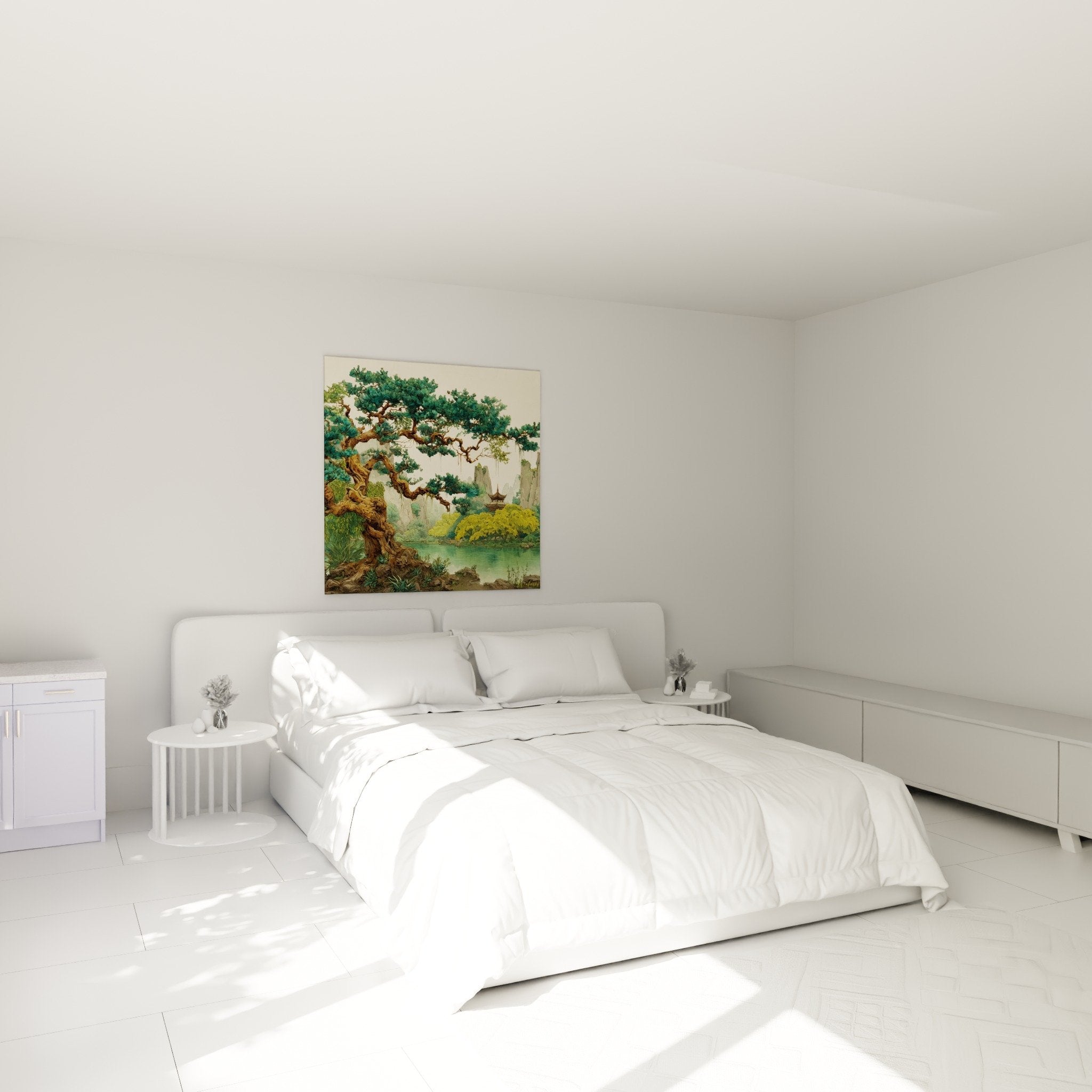 Tableau paysage oriental arbre lac turquoise decoration chambre zen ambiance apaisante