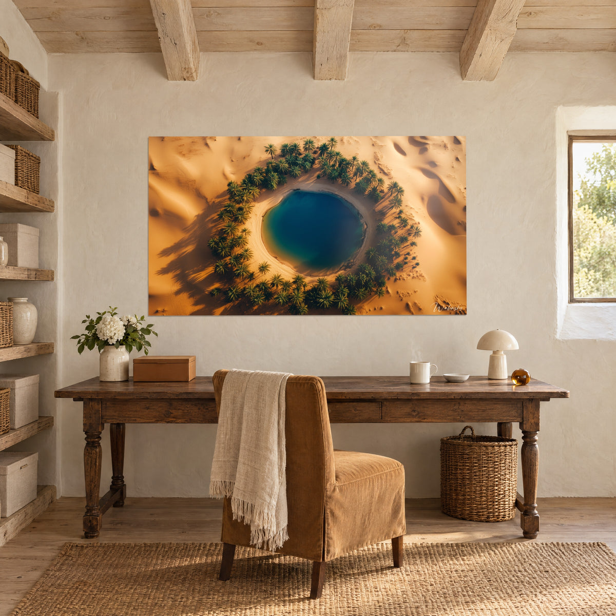 Wall art navy-blue water basin edged by green palm grove and copper dunes, on the wall of a raw wood office