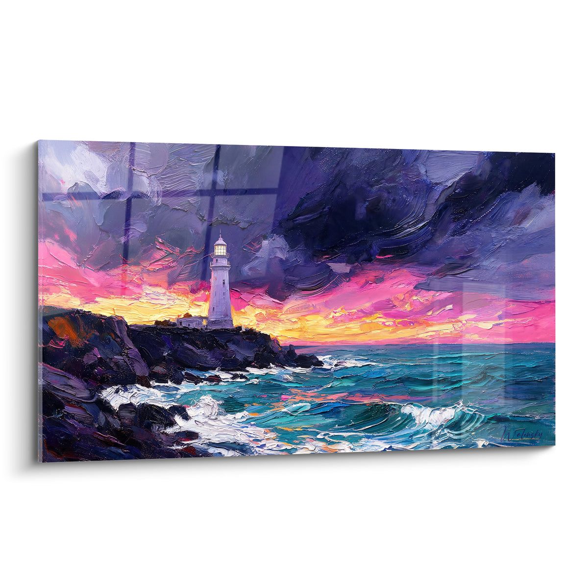 Schilderij met witte vuurtoren op rotsen, tegenover een roze lucht en een onstuimige turquoise zee