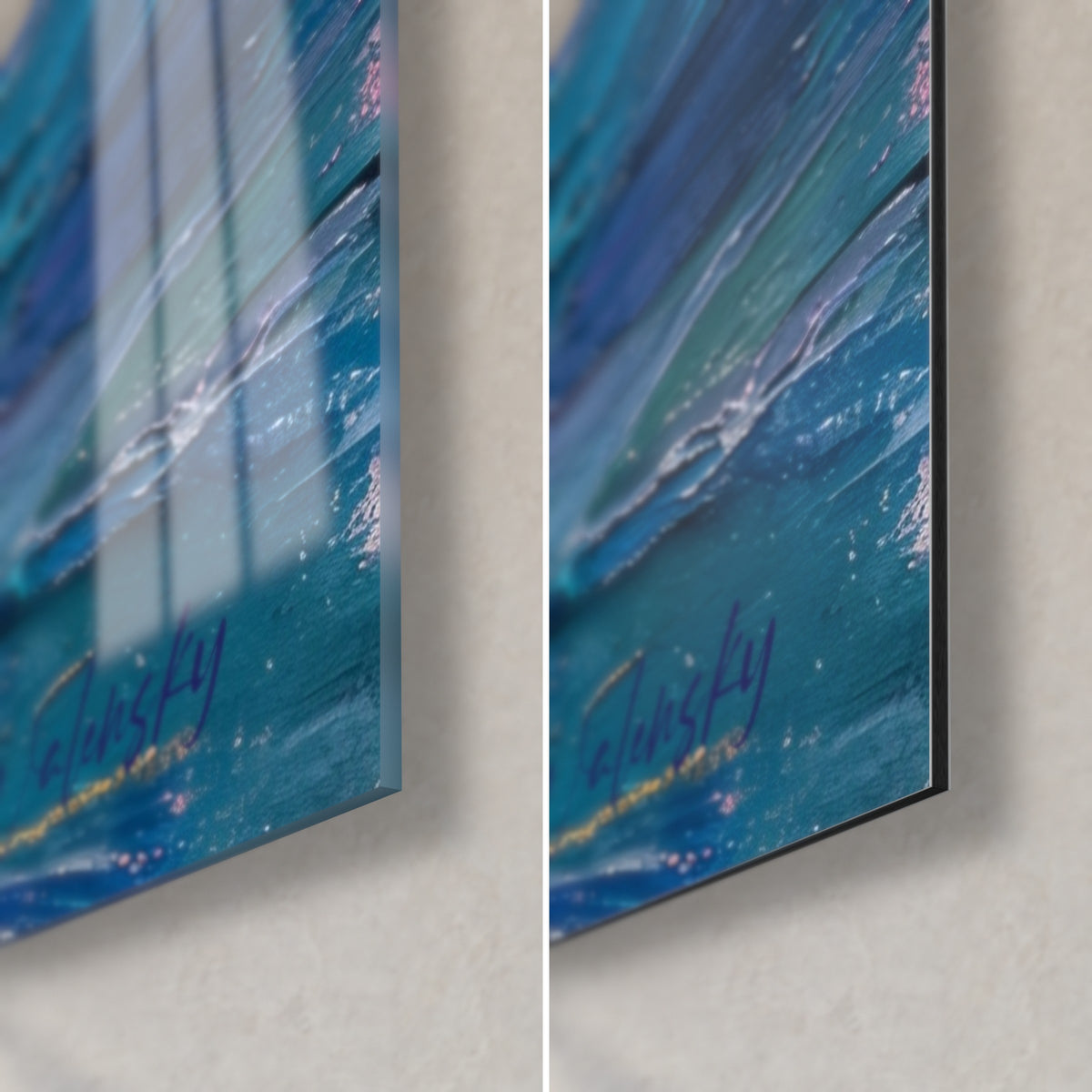 Schilderij met vuurtoren op turquoise zee, rechtsonder, reflecties van het glanzende acrylglas en het matte Dibond-aluminium, dikte 3 mm