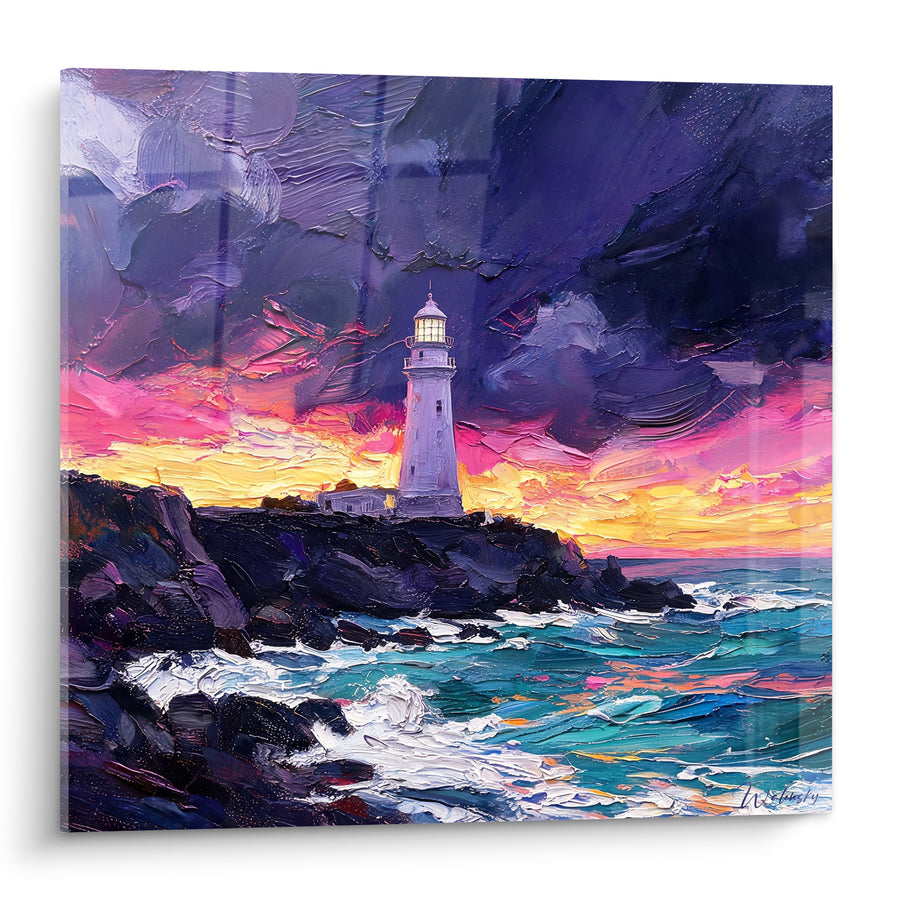 Tableau Phare blanc sur falaise violette et corail - Veille sur la tempête - Edition Paysage