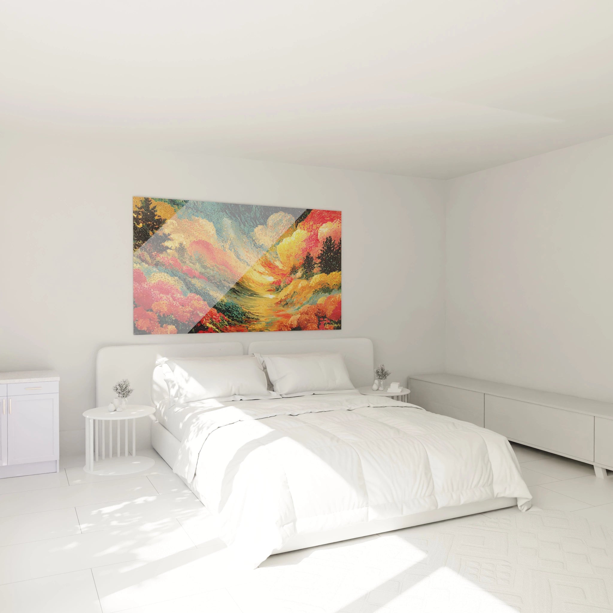 Tableau mural Walensky tableau paysage pointillisme coloré au dessus d un lit blanc dans une chambre moderne