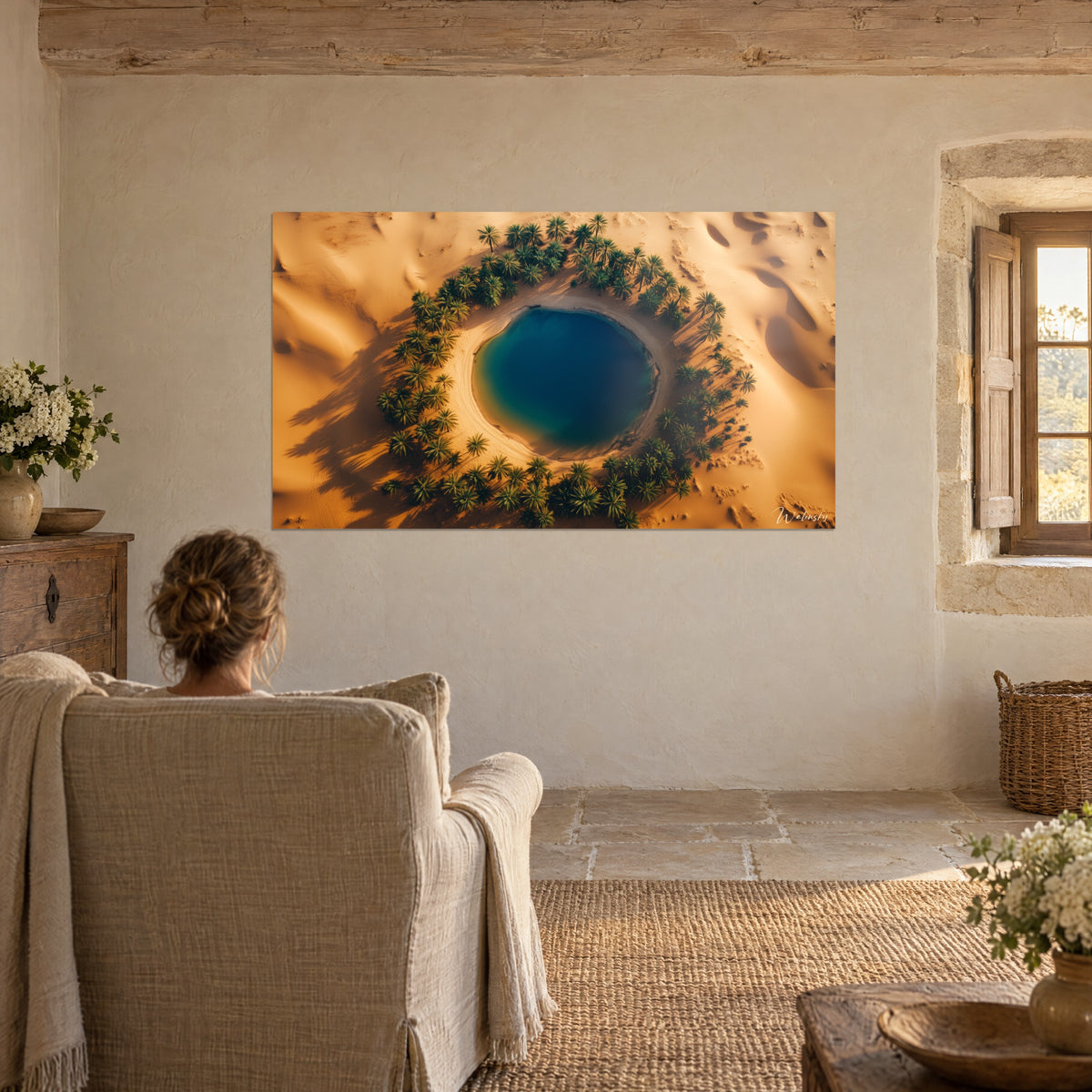 Wall art sapphire desert pond, dark green palms and saffron sand, viewed from a beige stone armchair