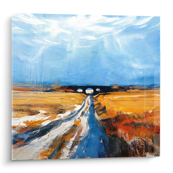 Tableau Pont de pierre sur route ocre et bleue - Chemin vers l'horizon - Edition Paysage