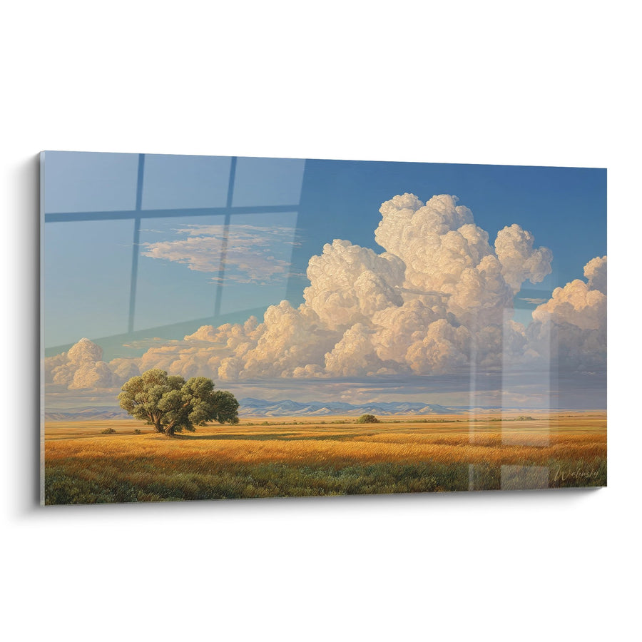 Tableau paysage prairie et nuages - Solitude dorée - édition campagne
