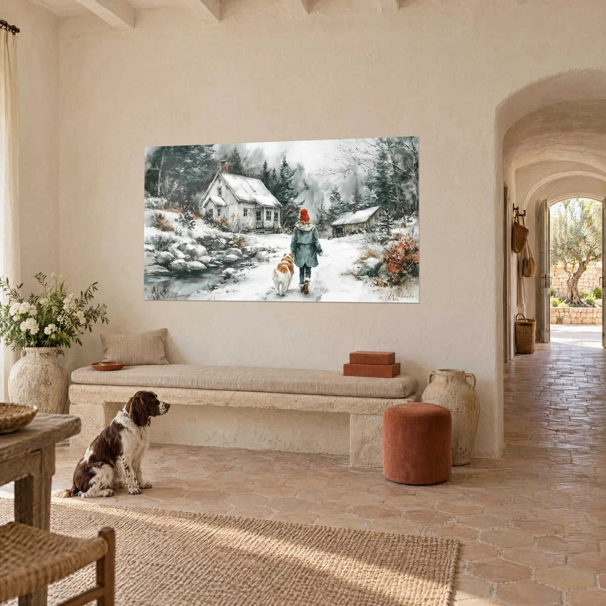 Wall art small white house under the snow, stream edged with grey stones and a red shrub, spaniel sitting at the Provençal farmhouse