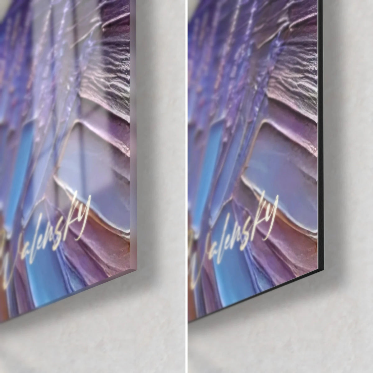 Quadro di lavanda in empasti viola e blu, angolo in basso a destra: vetro lucido con riflessi, alluminio Dibond opaco, bordo da 3 mm