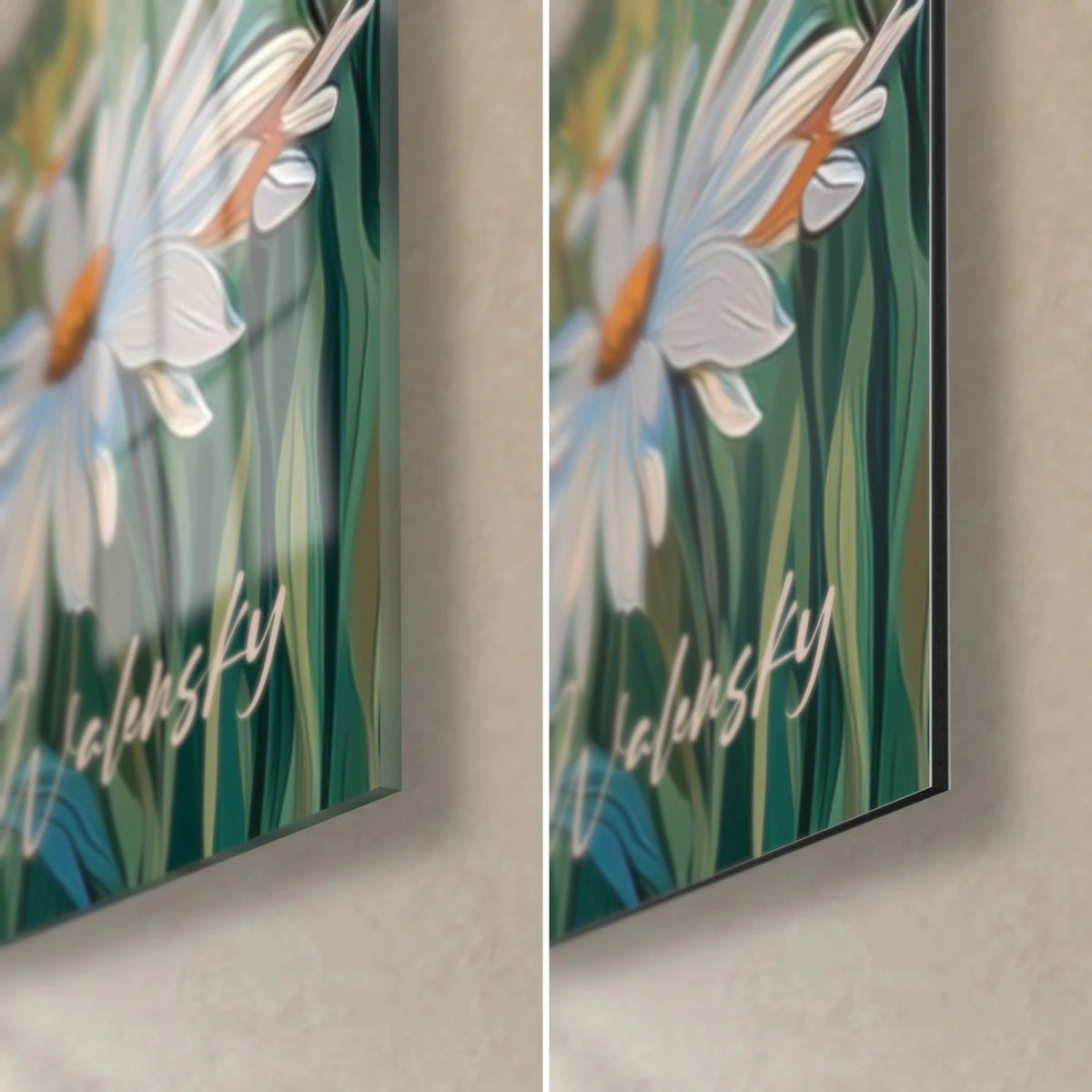 Wall art white daisy with an orange center on green grass, bottom right corner: glossy acrylic glass and matte aluminium Dibond, 3 mm edge
