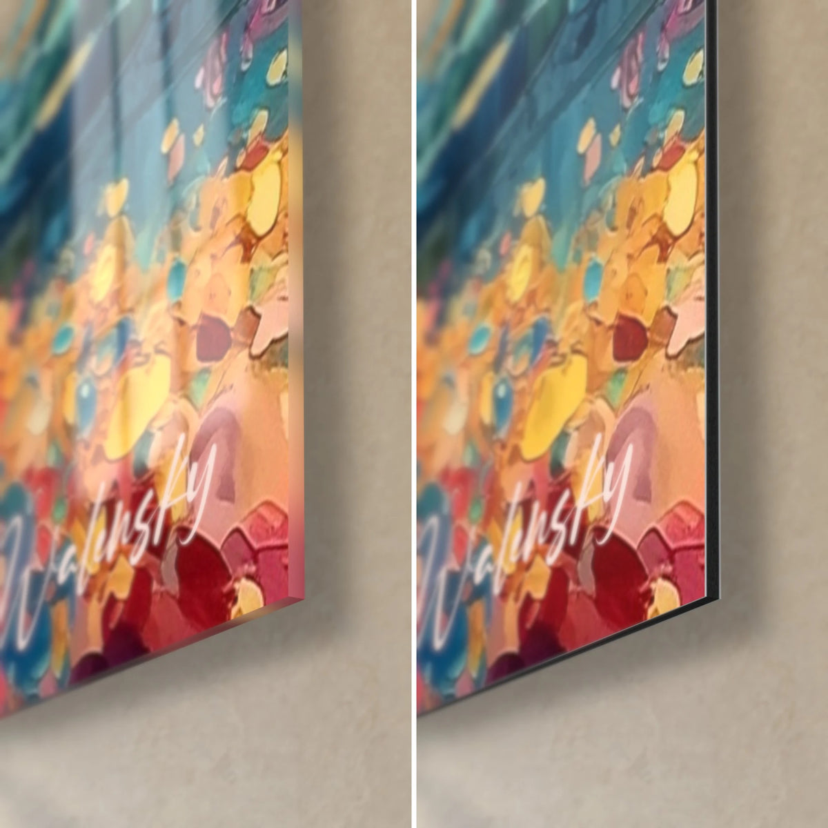 Tableau rêverie en pointillés rouge et jaune, coin bas droit : verre acrylique brillant à gauche, alu Dibond mat à droite, tranche de 3 mm