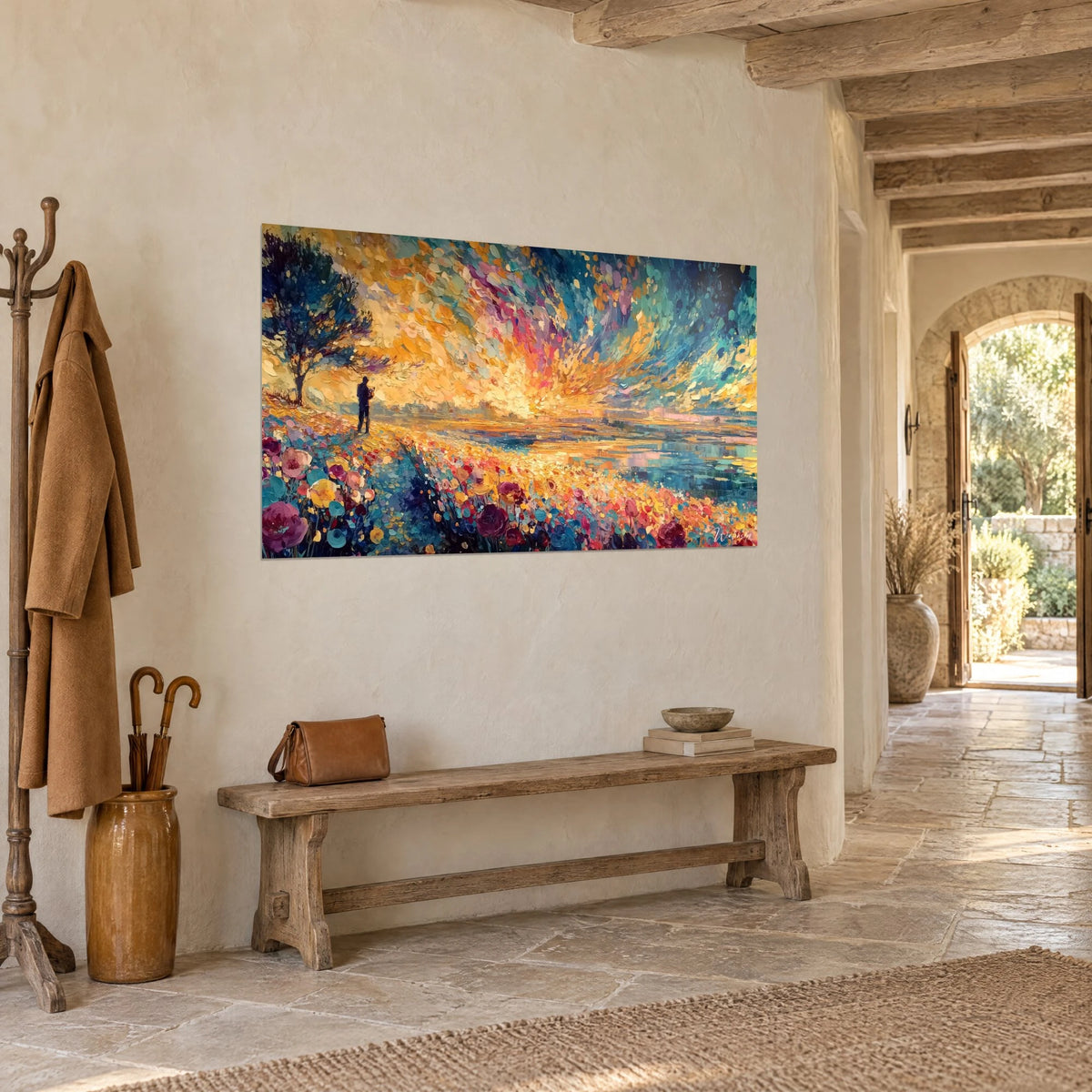 Tableau paysage impressionniste en touches épaisses orange et bleu, lac scintillant et arbre sombre, mur crépi d'une entrée en pierre