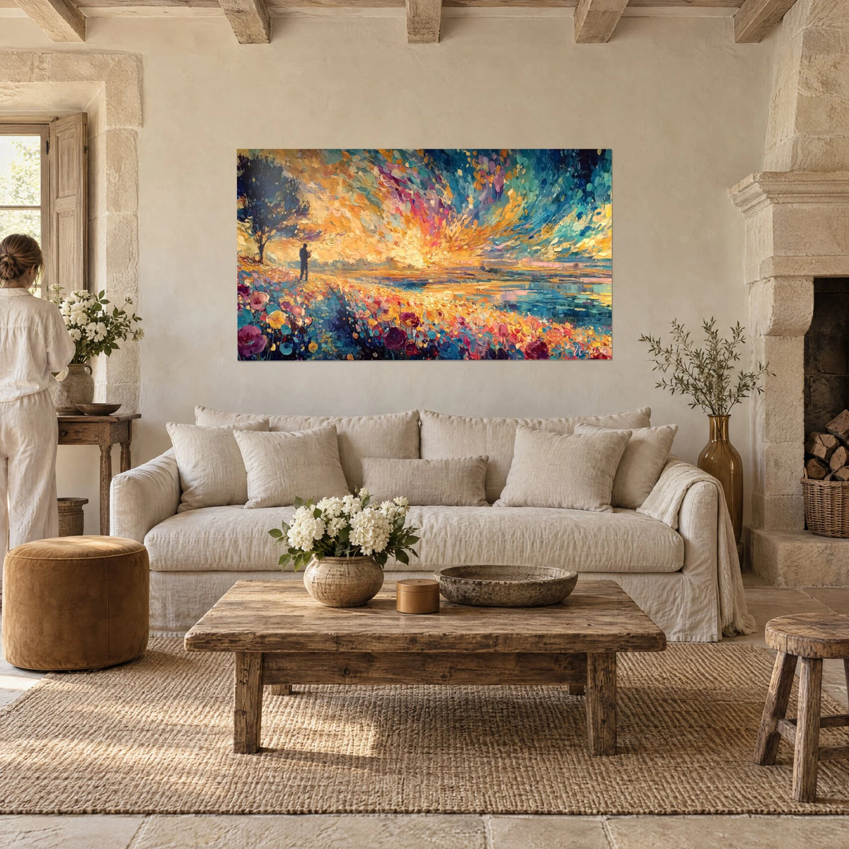 Tableau ciel en tourbillon doré et turquoise sur champ de fleurs roses, silhouette sous un arbre, au-dessus d'un canapé dans un salon lumineux