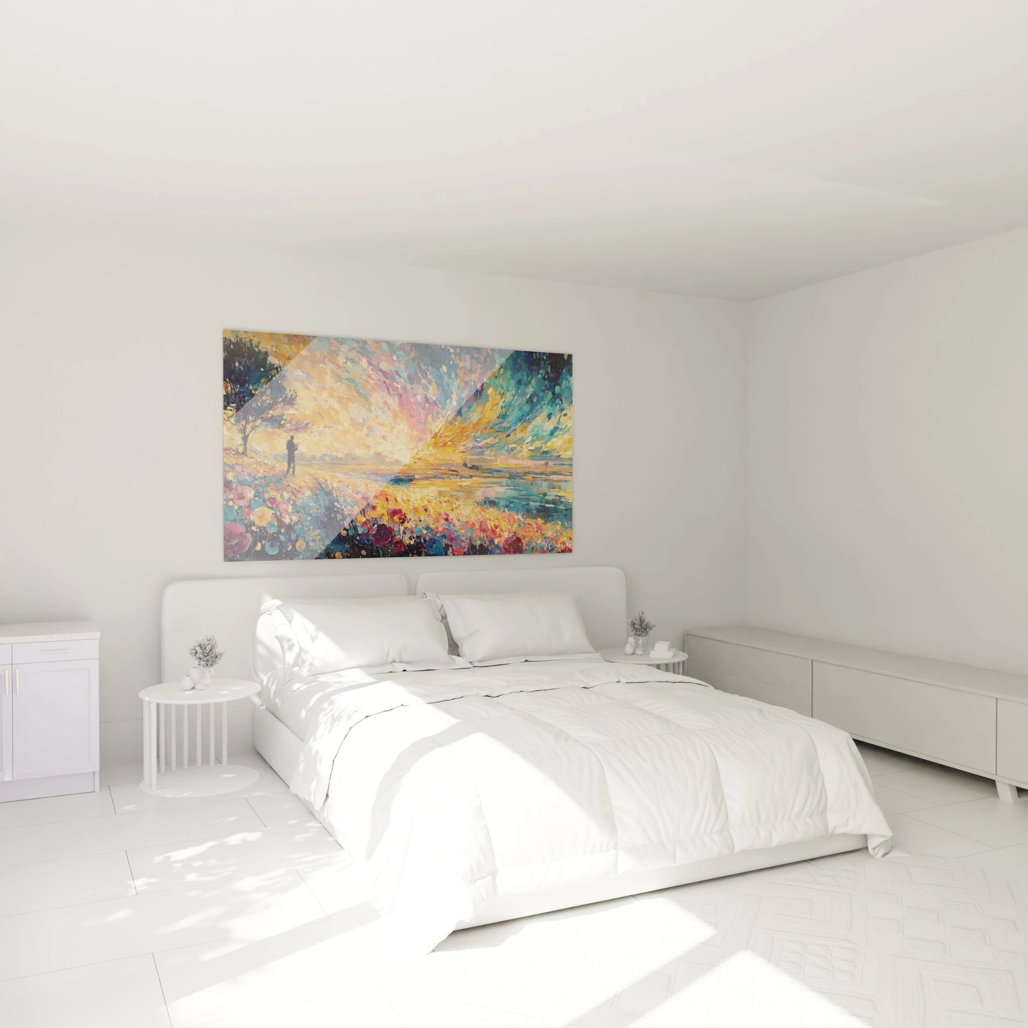 Tableau mural Walensky tableau impressionniste paysage accroché au dessus du lit blanc minimaliste dans une chambre lumineuse