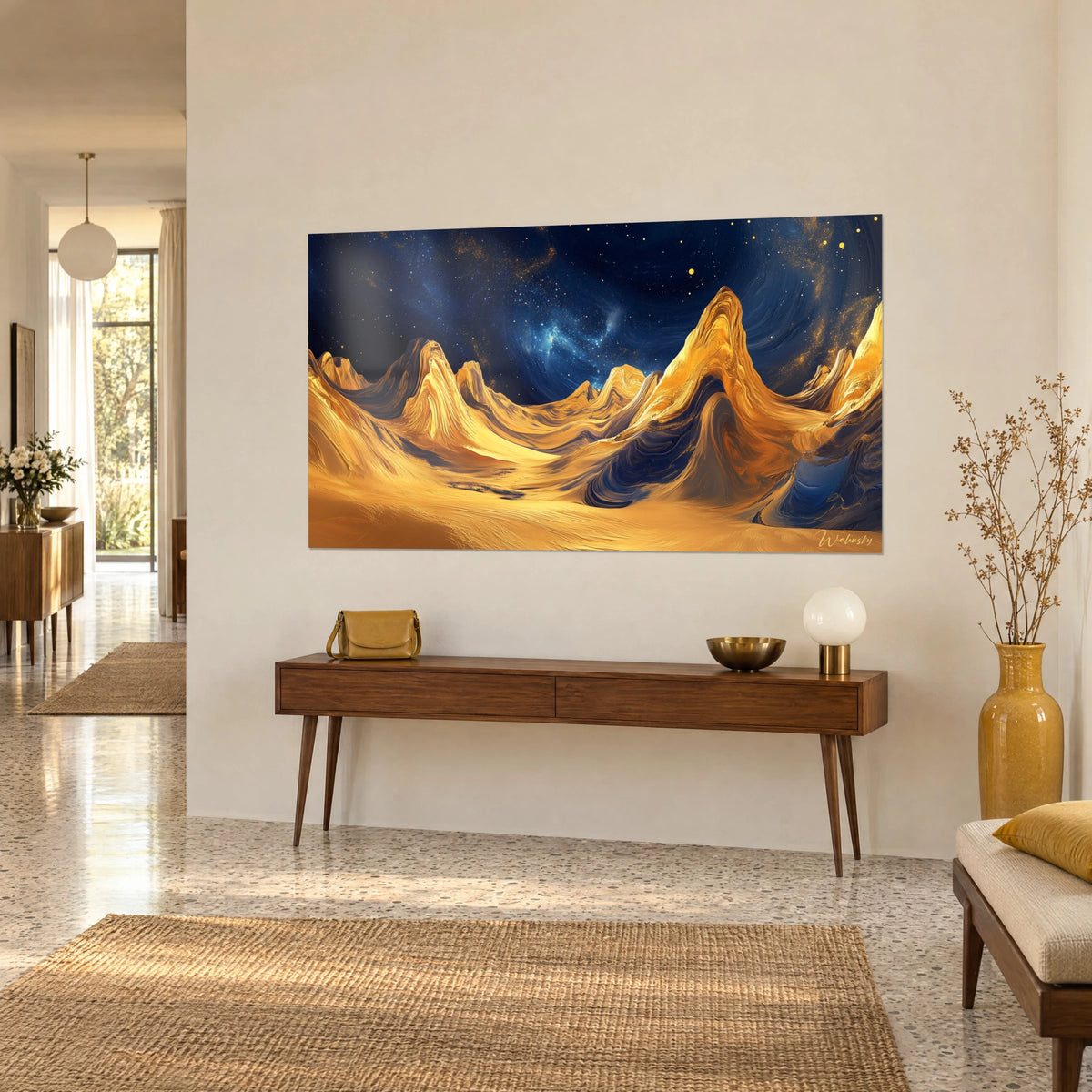 Wall art ochre sand ridges with golden highlights and navy nebula, three-quarter view, on a wooden console