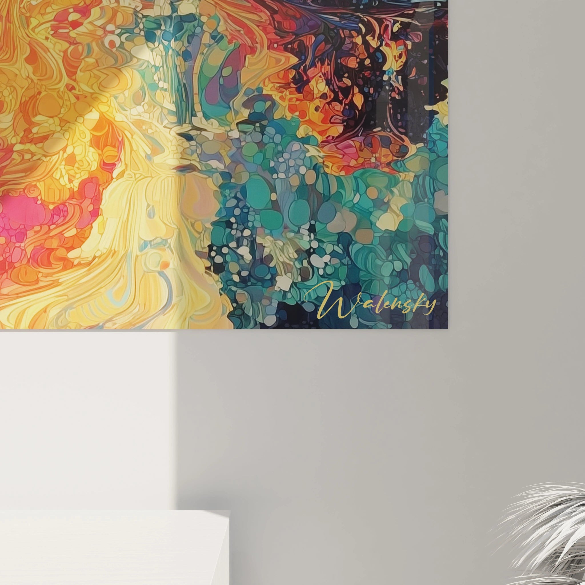 Tableau pointillisme paysage rivière Walensky art mural coloré abstrait gros plan du coin avec signature