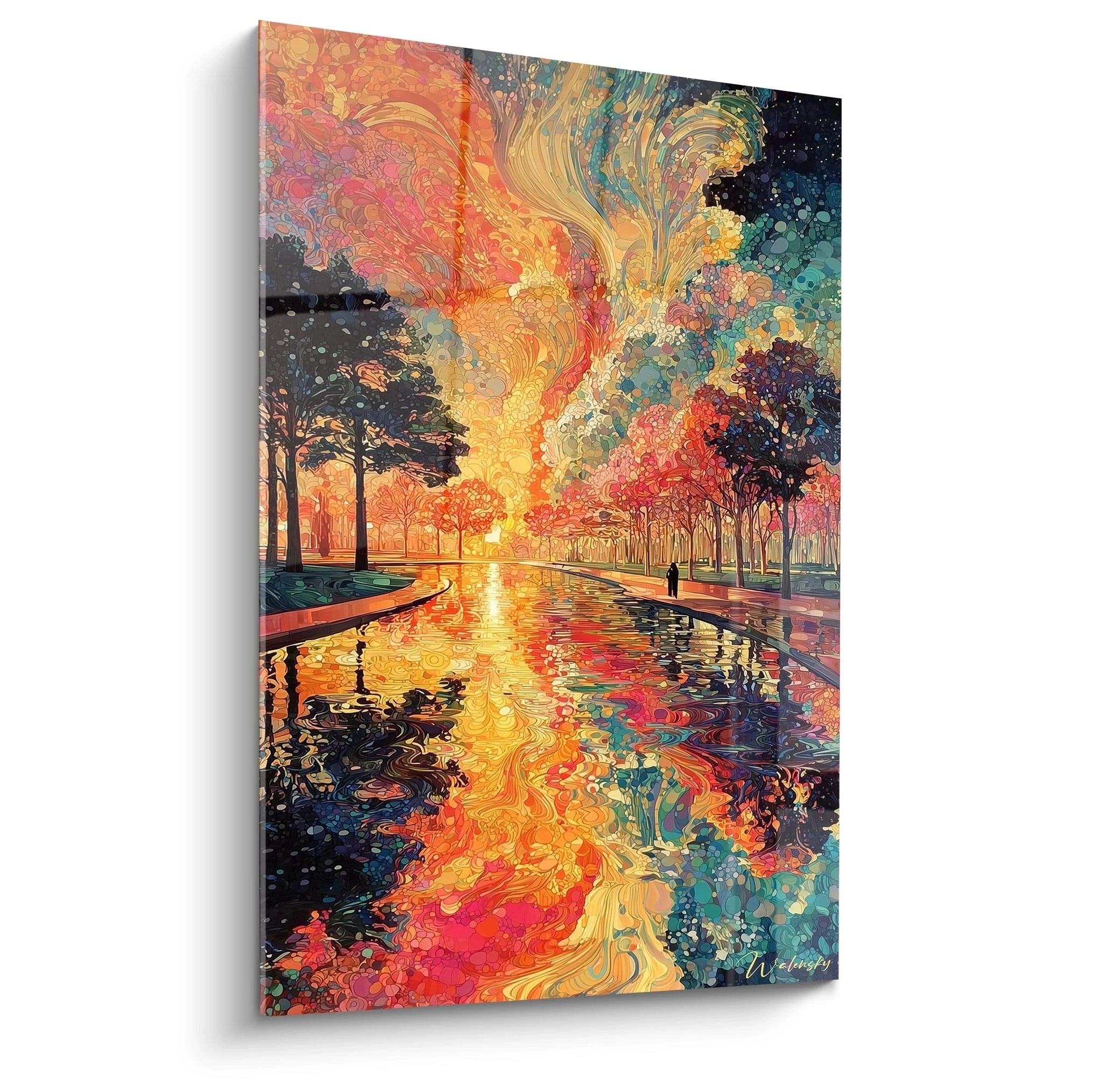 Tableau mural par Walensky tableau pointillisme paysage rivière au coucher de soleil avec reflets colorés