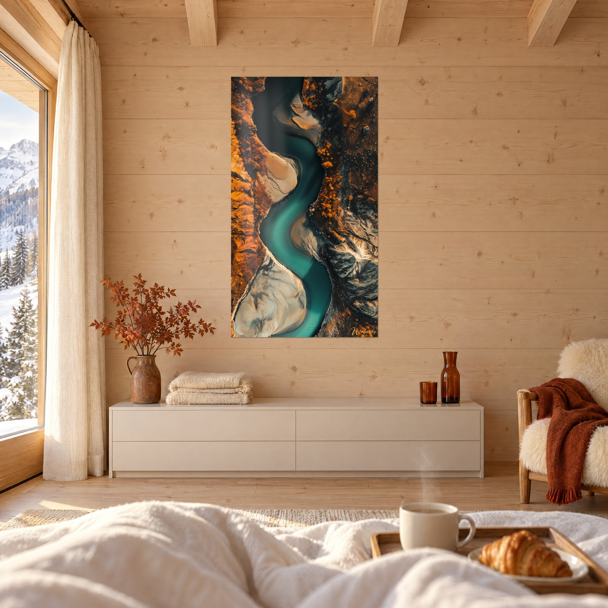 Schilderij van een rivier van bovenaf gezien, blauwgroen lint omzoomd met koperkleurige begroeiing, boven een bed in een lichte slaapkamer