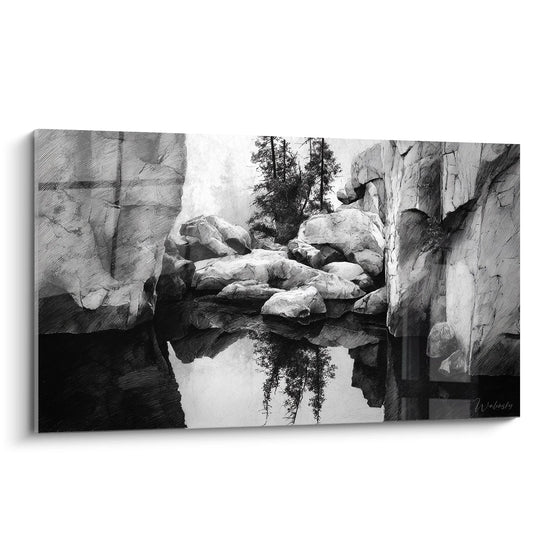 Landschap schilderij Rotsachtig met reflectie - Mystieke kloof - Zwart-wit landschapseditie