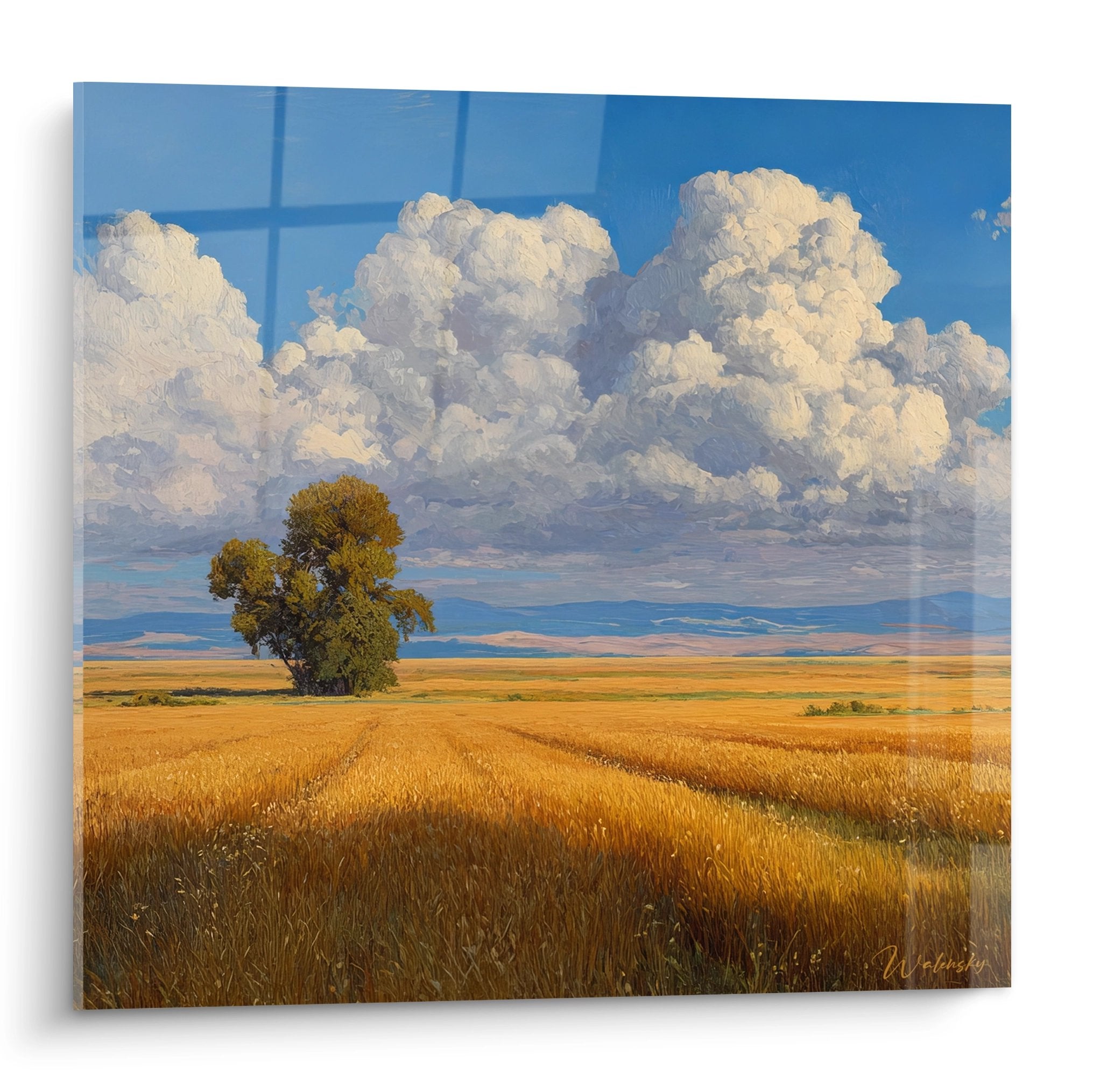 Tableau paysage rural champ de blé doré arbre solitaire ciel nuageux campagne française