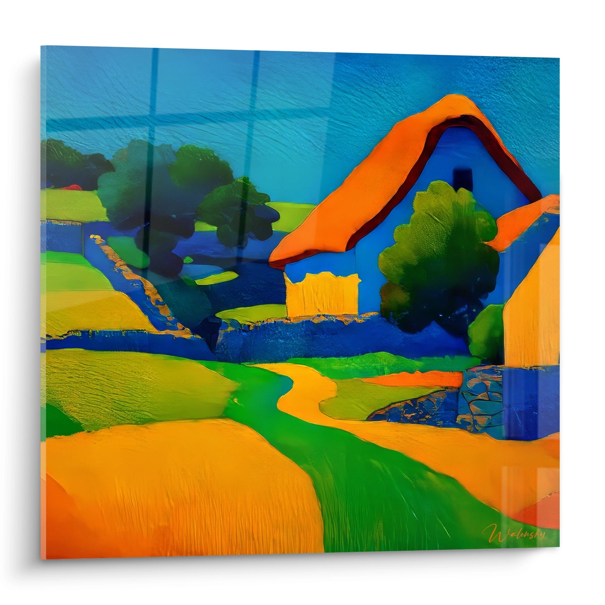 Tableau paysage rural coloré avec collines oranges, vallées vertes et arbres stylisés - art campagne moderne