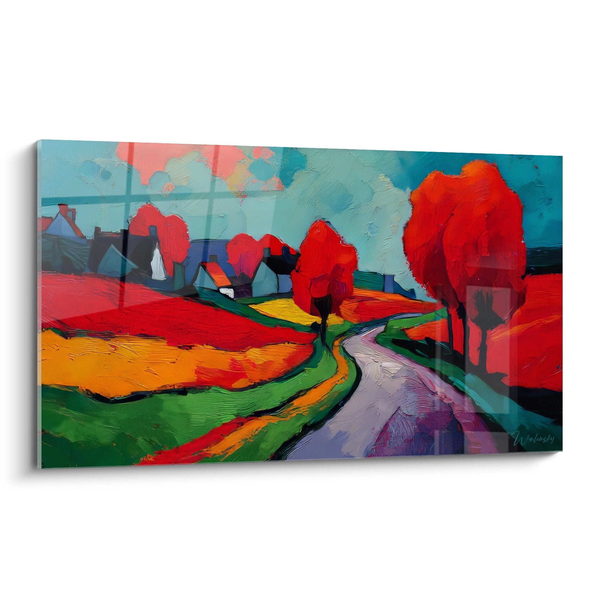 Tableau paysage rural coloré avec village, arbres rouges et route sinueuse - Art mural campagne moderne