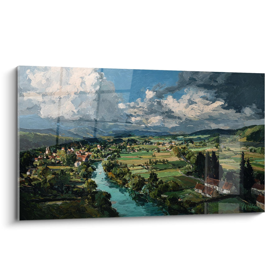 Tableau paysage rural avec rivière - Vallée verdoyante aux nuages dramatiques - édition autres paysages