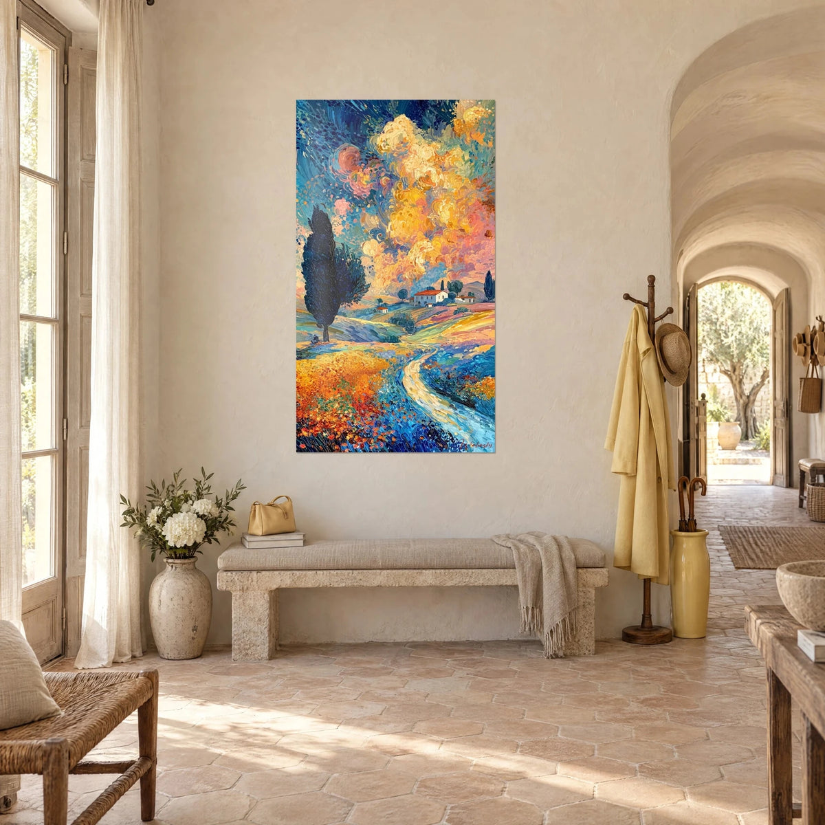 Quadro masseria con tetti arancioni su colline pastello, cielo giallo zafferano vorticoso, corridoio a volta di un casolare provenzale