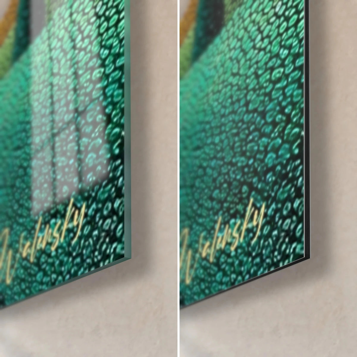 Quadro sole dorato in puntinismo, angolo in basso a destra: vetro acrilico lucido a sinistra, alluminio Dibond opaco a destra, verde smeraldo, spessore 3 mm
