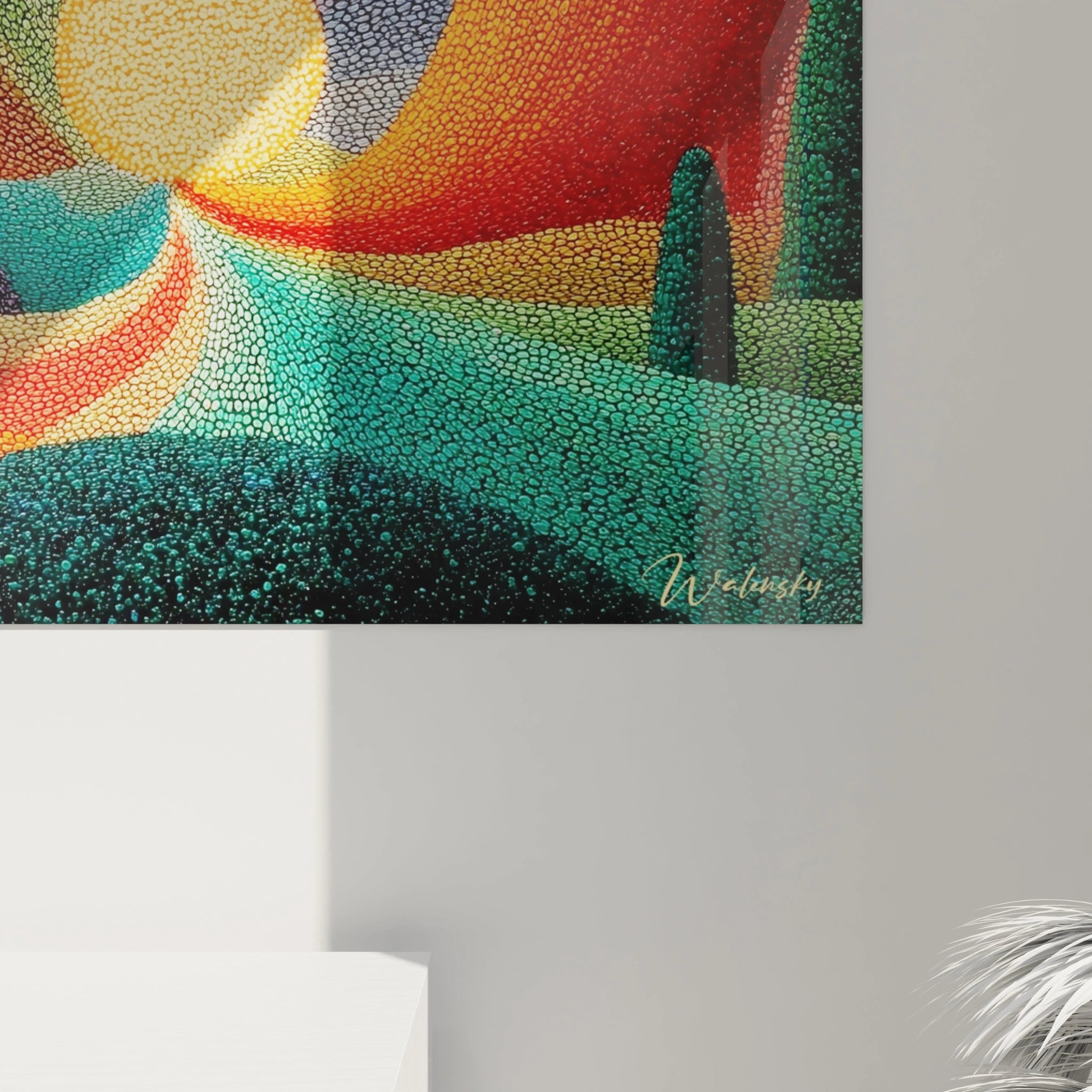 tableau paysage soleil doré Walensky mural abstrait texturé en mosaïque aux couleurs vives