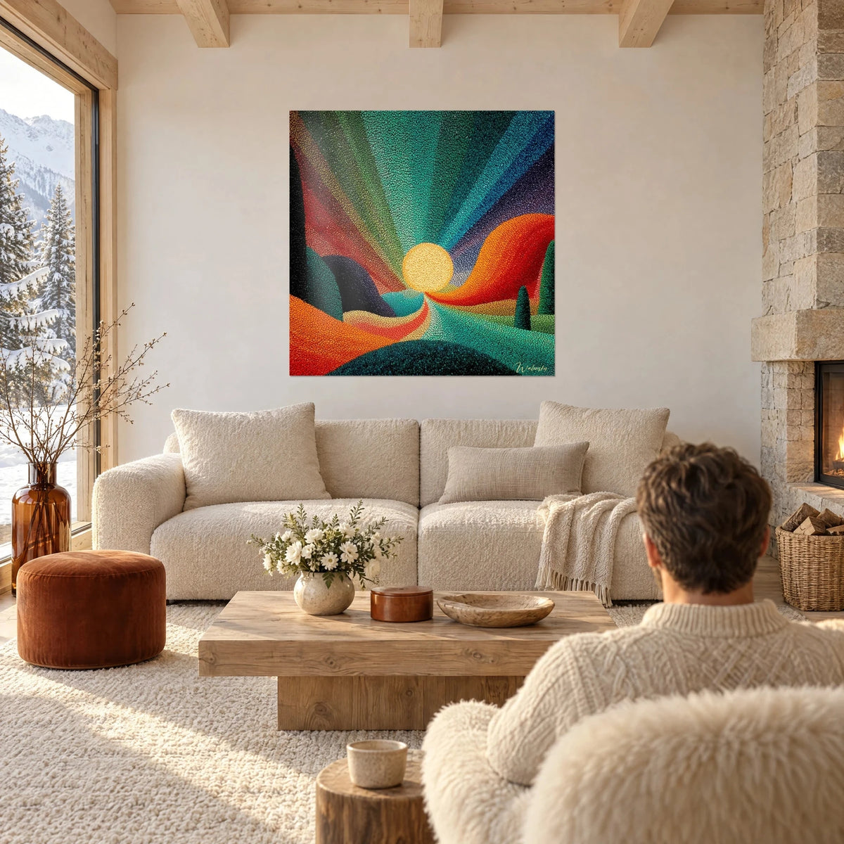 Quadro sole dorato nel cuore di colline arancio e smeraldo, raggi verdi e blu, persona di spalle, sopra un divano in un soggiorno luminoso