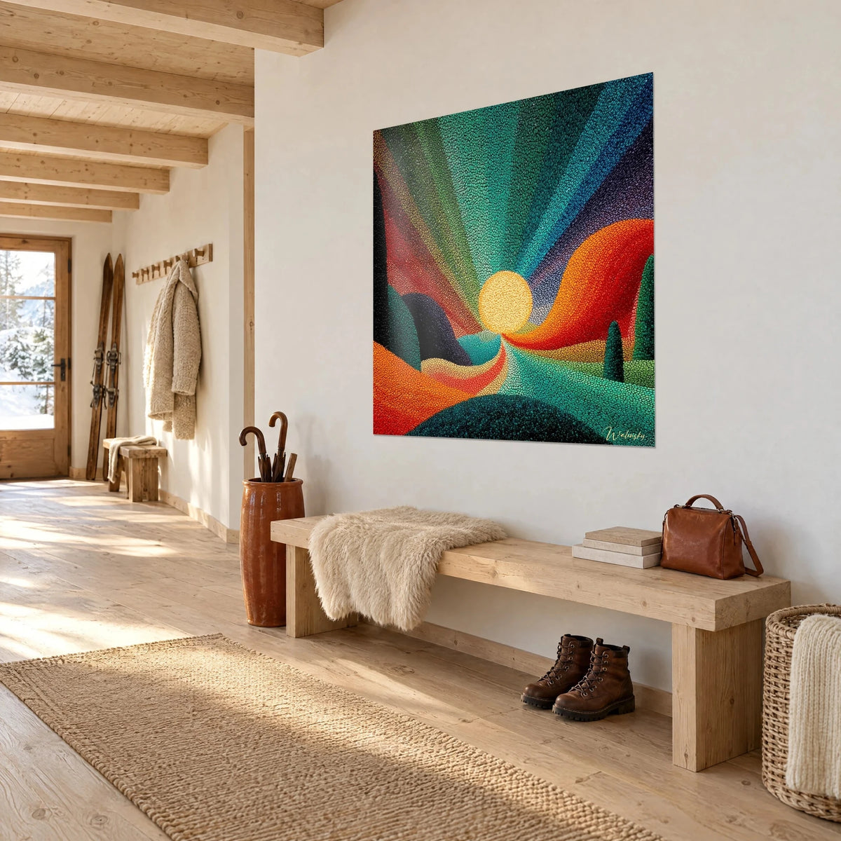 Quadro sentiero turchese puntinista verso un disco giallo, colline arancio e porpora, vista di tre quarti nell'ingresso di uno chalet