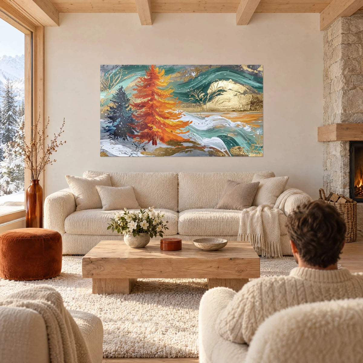 Tableau sapin orange flamboyant sur vagues turquoise et feuilles d'or, au-dessus d'un canapé dans un salon lumineux