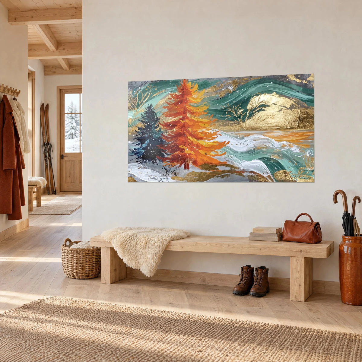 Tableau conifère roux aux aiguilles jaunes, rivage blanc écumeux et colline dorée, dans l'entrée d'un chalet boisé