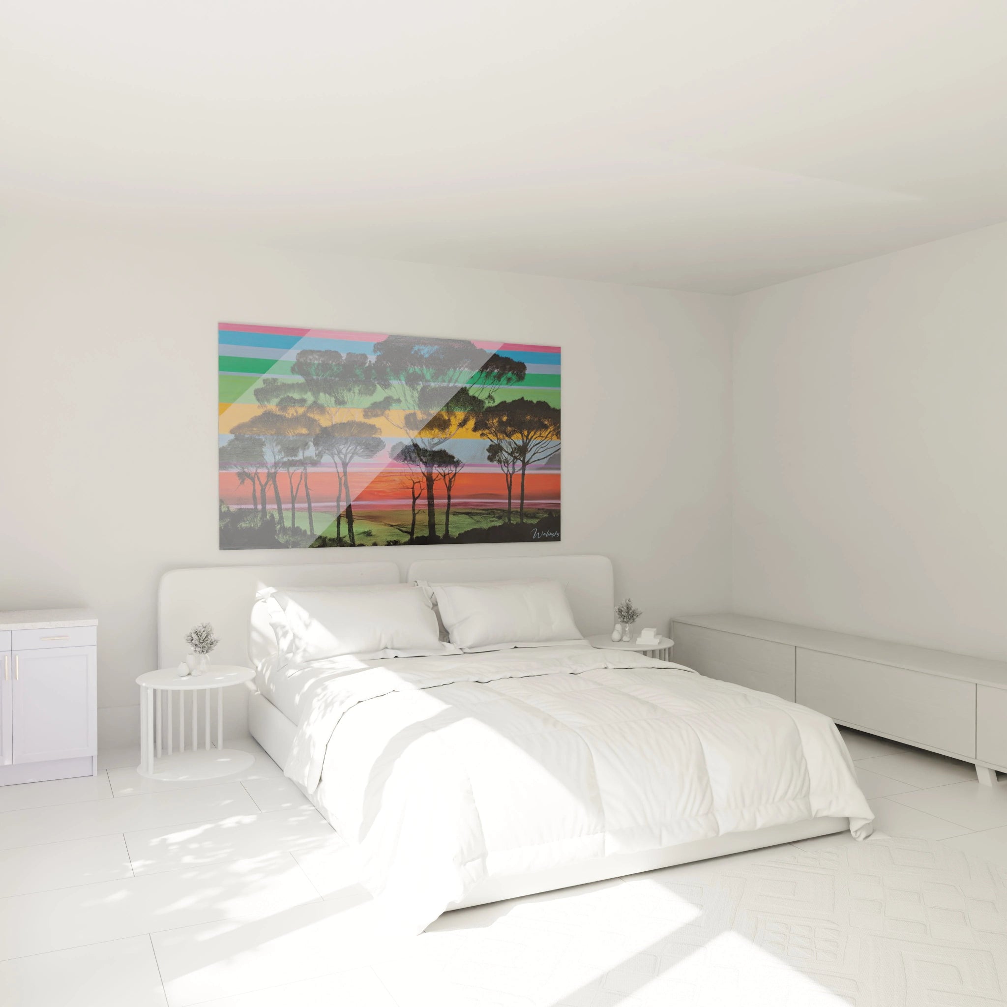 Tableau mural Walensky tableau paysage op art coloré avec arbres et bandes horizontales au dessus d un lit blanc minimaliste