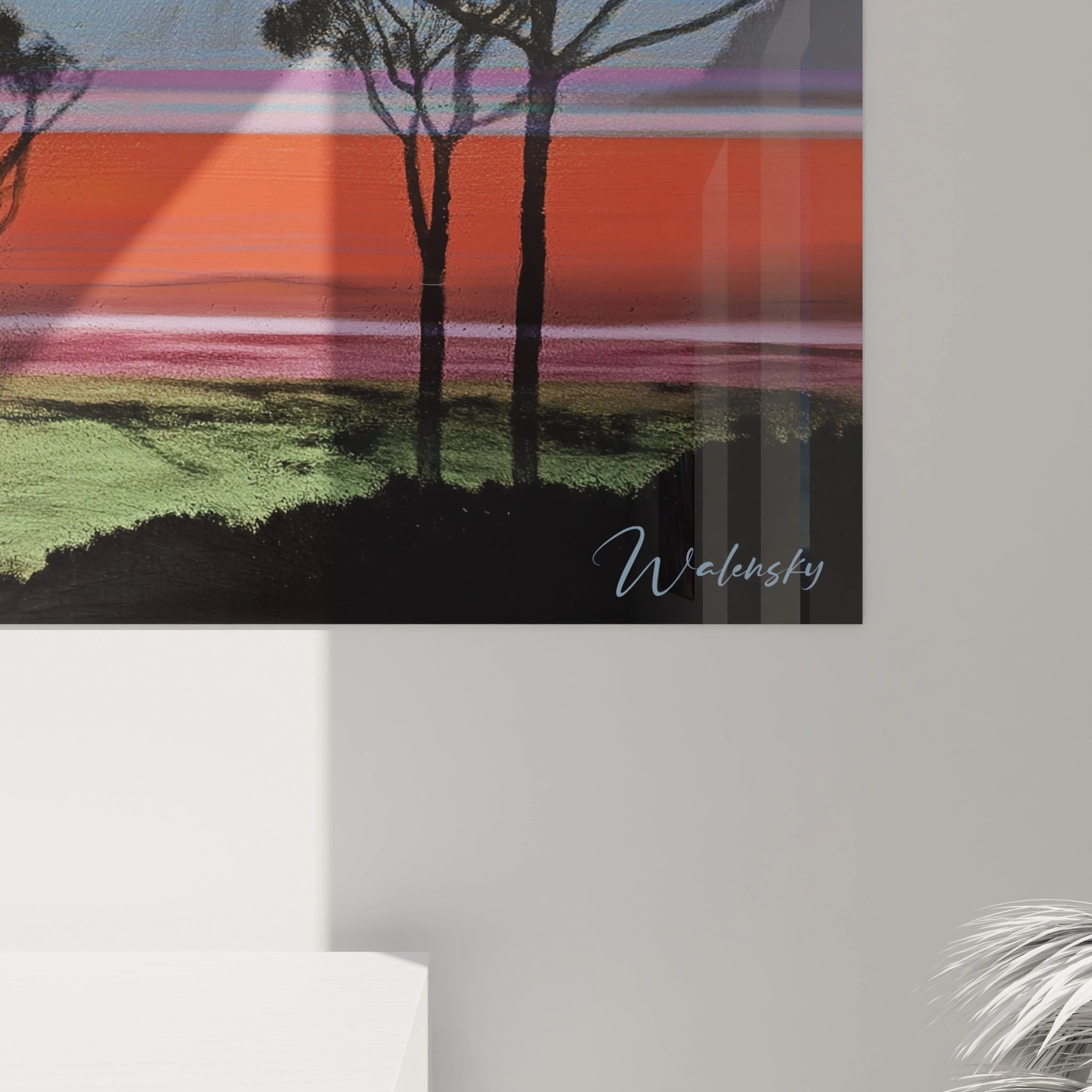 Tableau mural Walensky avec paysage stylisé en silhouettes d arbres et bandes horizontales colorées tableau paysage op art