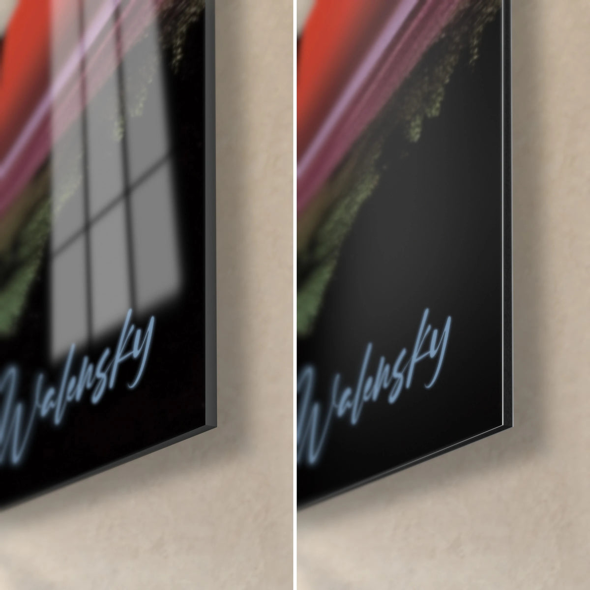 Wall art tree silhouettes on coral red and black stripes, bottom right corner in glossy acrylic glass and matte Dibond aluminium, 3 mm edge