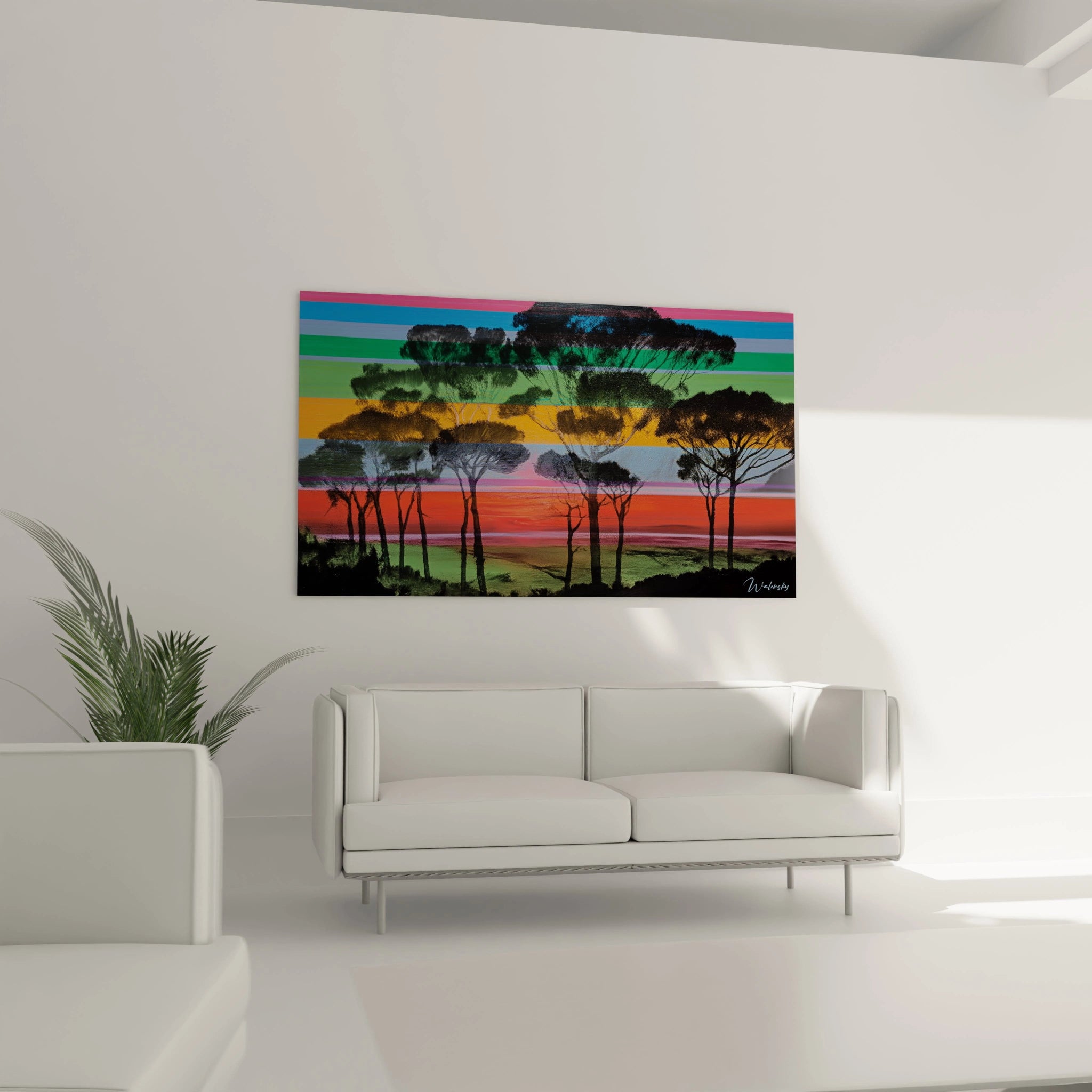 tableau paysage op art Walensky grand format avec silhouettes d'arbres noirs sur bandes colorées pour salon