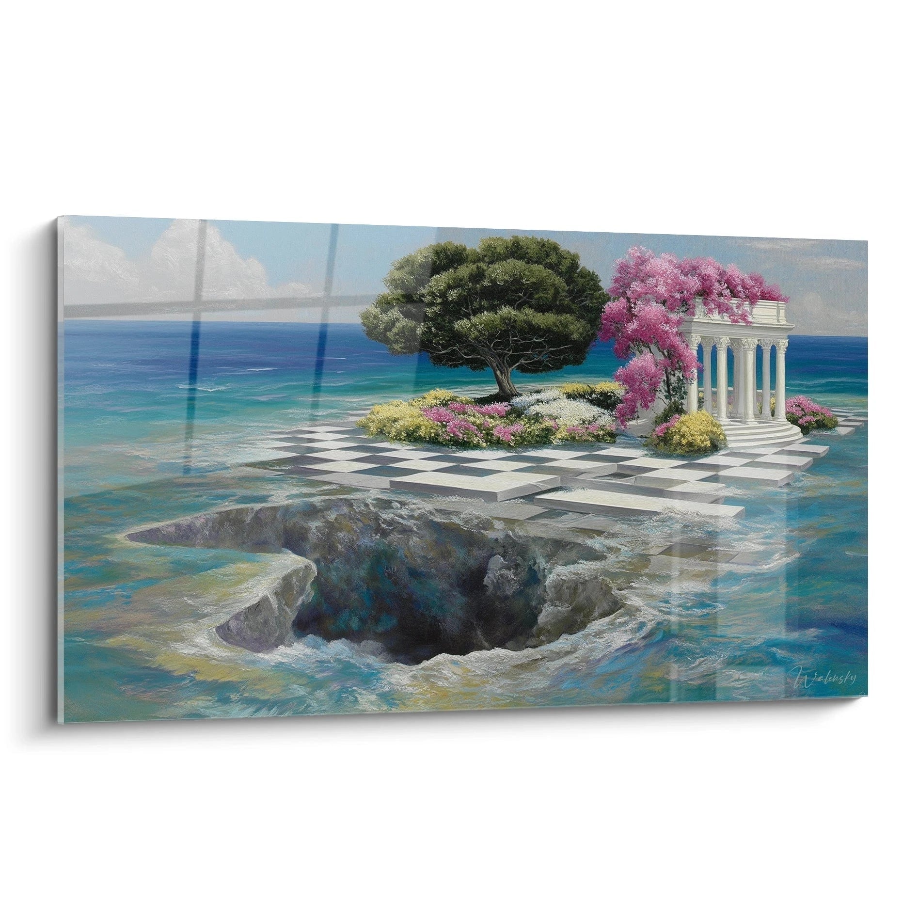 Tableau mural Walensky tableau paysage surréaliste montrant un îlot en damier flottant sur la mer avec arbre et temple blanc
