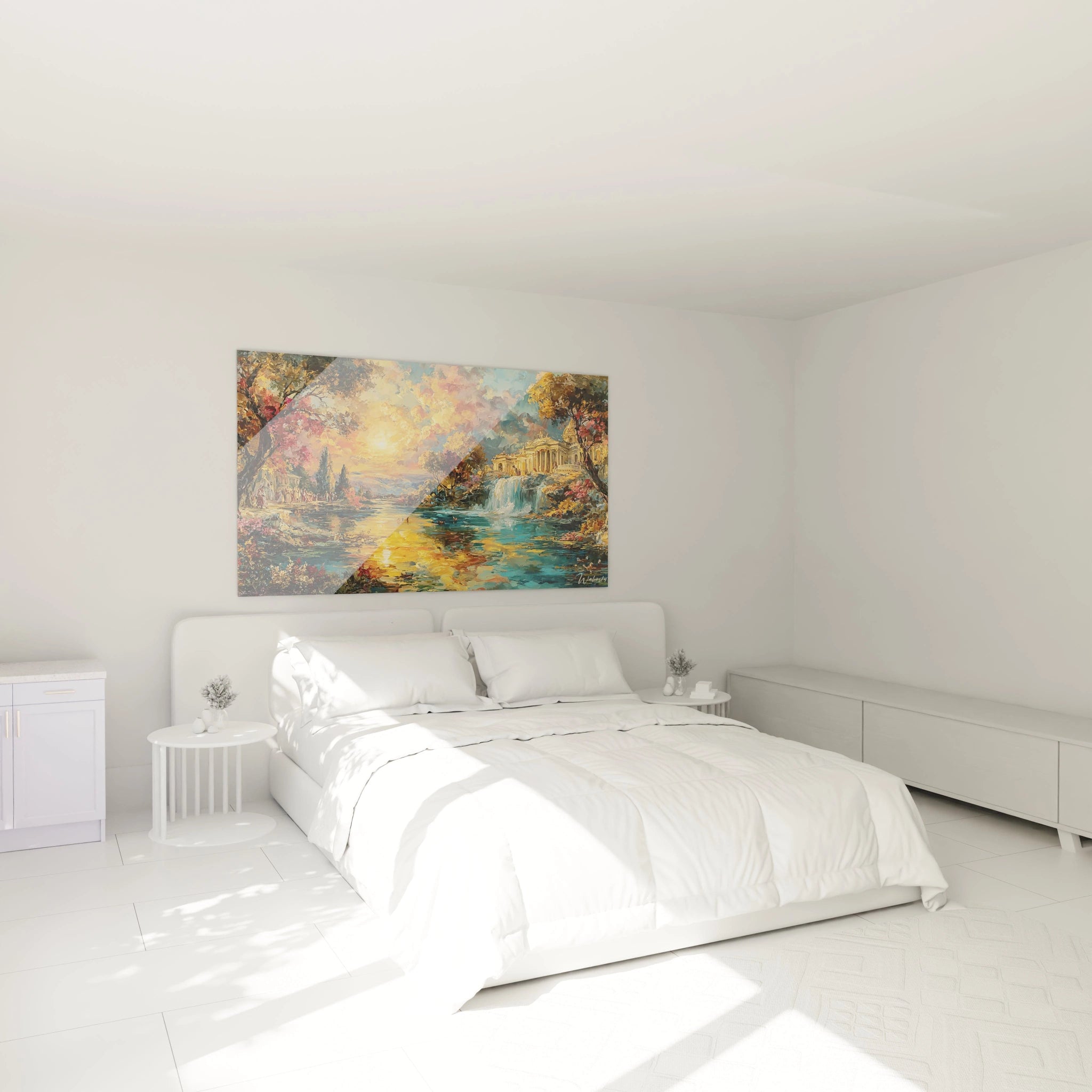 tableau paysage baroque Walensky accroché au dessus d un lit double blanc dans une chambre minimaliste lumineuse